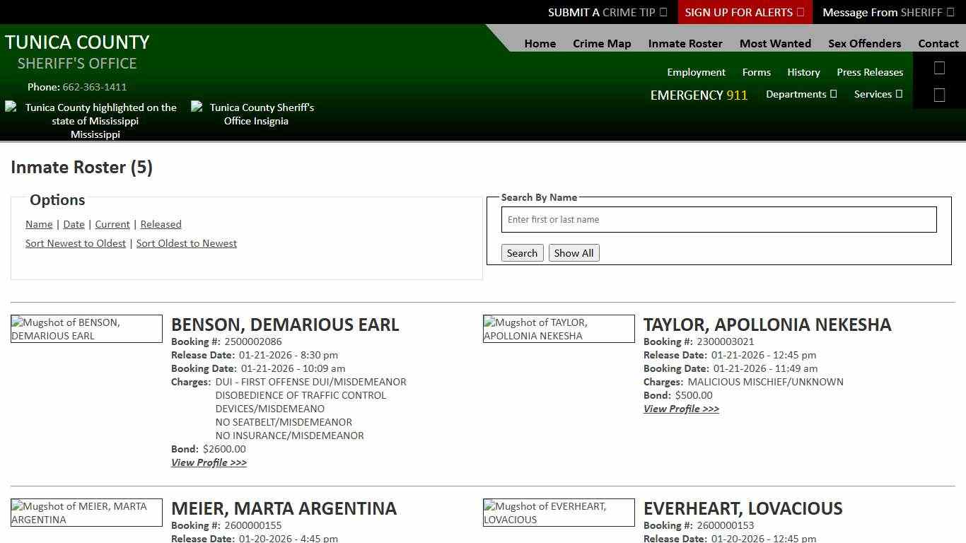 Inmate Roster - Page 0 Released Inmates Booking Date Descending - Tunica County Sheriff's Office