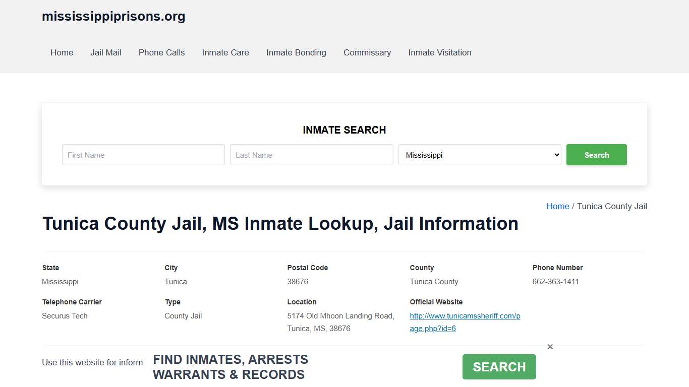 Tunica County Jail, MS - Offender Locator, Contacts, Inmate Info
