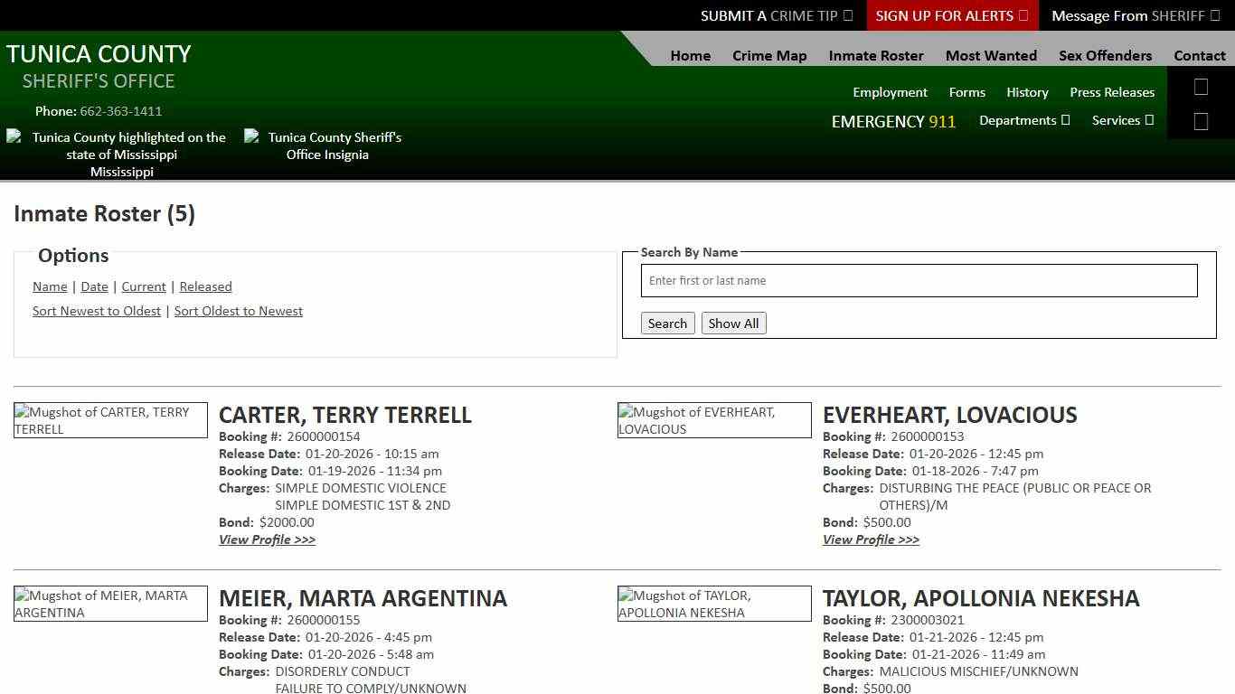 Inmate Roster - Released Inmates Booking Date Ascending - Tunica County Sheriff's Office