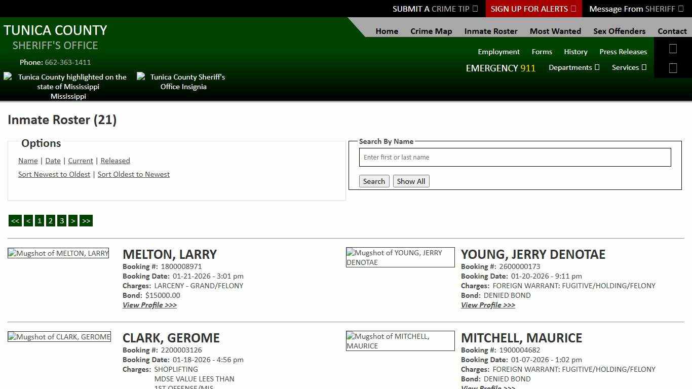Inmate Roster - Page 1 Current Inmates Booking Date Descending - Tunica County Sheriff's Office
